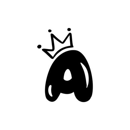 Vector plump vintage cute letter A with crown. Princess element font logo. Valentine hand drawn alphabet sign for page decoration and design illustration. For greeting card, wedding or invitationのイラスト素材