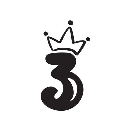 Vector Vintage Plump Cute number 3 with crown. Princess element font logo. Valentine hand drawn alphabet sign for page decoration and design illustration. For greeting card, wedding or invitationのイラスト素材