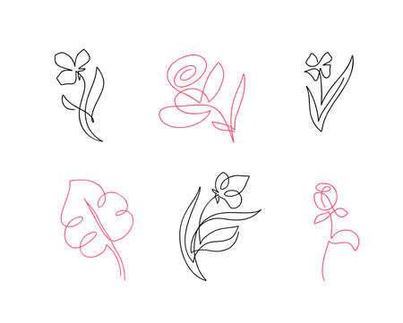 Set of vector one line flowers line art. Minimalist contour drawing. One line artworkのイラスト素材