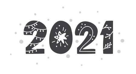 Happy new year 2021 logo text design Scandinavian style. Black and white color. Simple decoration on flat design style. Icon for new year celebrateのイラスト素材