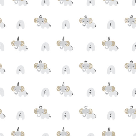 Cute seamless pattern with hand drawn elephants in scandinavian style. Vector illustration for baby and kids design, t-shirt print, nursery decoration, poster, greeting cardのイラスト素材