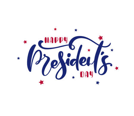 Logo Happy Presidents Day with stars and ribbon. Vector illustration Hand drawn text lettering for Presidents day in USA. Script. Calligraphic design for print greetings card, sale banner, poster. Colorful.のイラスト素材