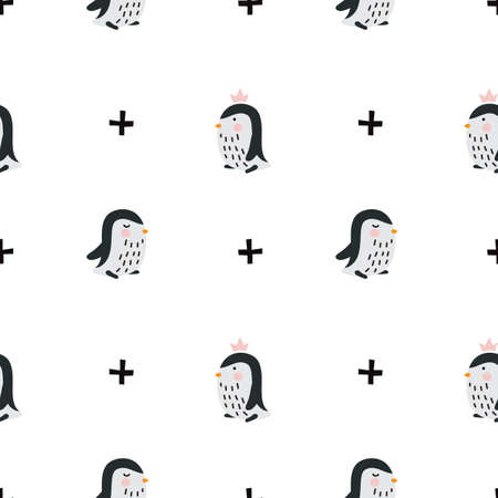 seamless pattern, penguin art background design for fabric and decor. Childish scandinavian style. Baby design. Hand drawn colored illustrationのイラスト素材