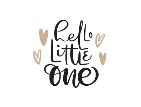 Hello Little One handwritten calligraphy vector lettering text. Hand drawn baby lettering quote. illustration for greting card, t shirt, banner and posterのイラスト素材