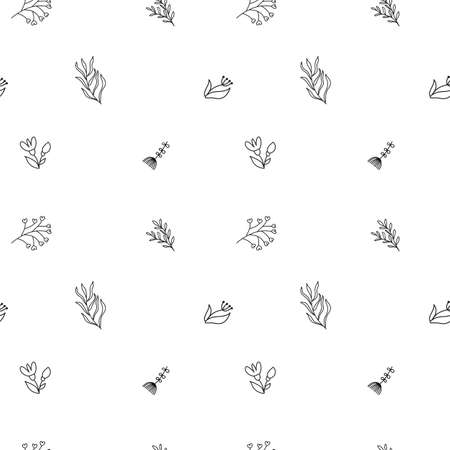 Vector Hand Drawn Line Drawing Doodle Floral Seamless Pattern with Wildflowers, Plants, Branches, Leaves. Design monoline Elements Illustrationのイラスト素材