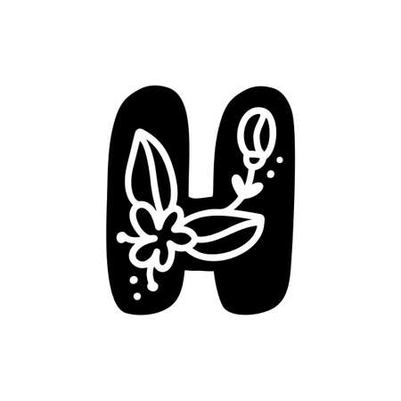 Vintage floral bold Letter H Logo spring. Classic H Summer Letter Design Vector with Black Color and Floral Hand Drawn with monoline patternのイラスト素材
