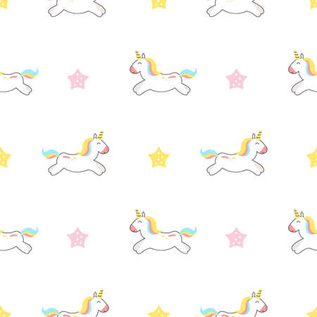 Cute cartoon unicorn seamless baby vector pattern background illustration with pastel flowers. Children texture for kids wallpaper, fills, web page backgroundのイラスト素材