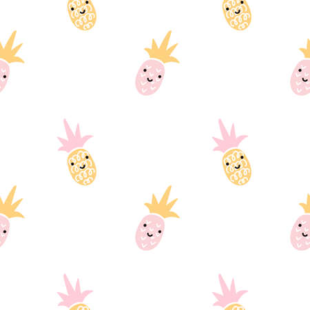 Summer pastel face pineapple seamless design. Pattern for bed linen and apparel. Nordic ananas yellow and pink fun pattern. Cute baby style textile fabric cartoon ornamentのイラスト素材
