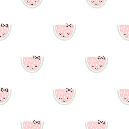 Seamless background with pink watermelon slices. Cute fruit pattern. Summer food vector scandinavian...