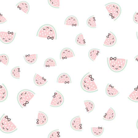 Seamless background with pink watermelon slices. Cute fruit pattern. Summer food vector scandinavian...