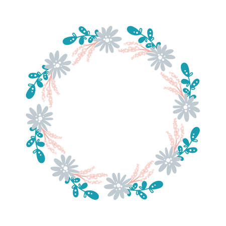 Summer flower herb wreath scandinavian. Spring Flat abstract vector garden frame, woman day romantic holiday, wedding invitation card decoration. Element summer floral isolated illustrationのイラスト素材
