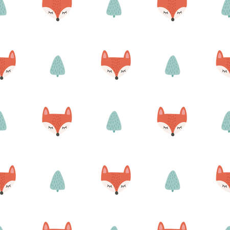 Seamless pattern with cute fox face in forest. Vector scandinavian illustration. Design for baby textile, wallpaper, web, fabric and decorのイラスト素材