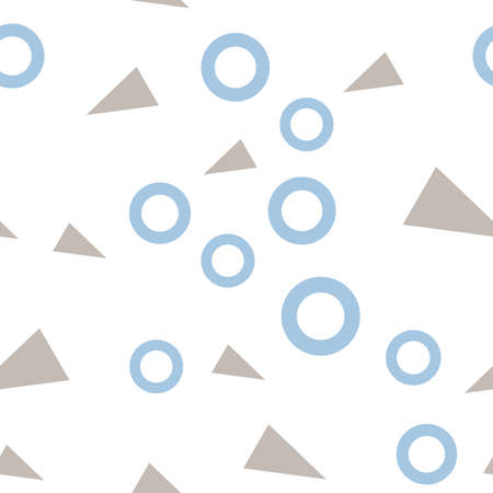 Flat vector texture of geometric colorful shapes. Geometric seamless pattern in modern hipster style. Abstract background with blue circles and gray trianglesのイラスト素材