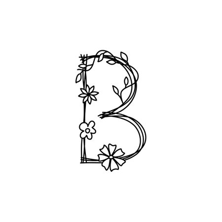 Vintage floral bold Letter B logo spring. Classic Summer Letter Design Vectors with Black Color and Floral Hand Drawn with monoline line flowersのイラスト素材