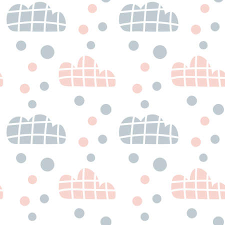 Vector kids pattern with clouds and rain drops and dots. Cute scandinavian seamless background in mint, pink and grayのイラスト素材