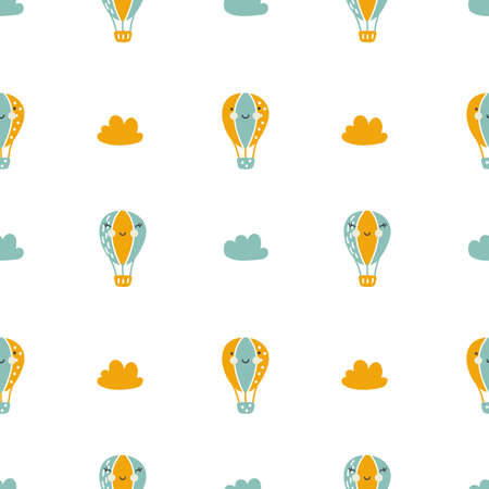 Vector scandinavian baby Seamless pattern of colorful air balloons and clouds isolated on white background. Simple kids illustration texture for nordic wallpaper, fills, web page backgroundのイラスト素材