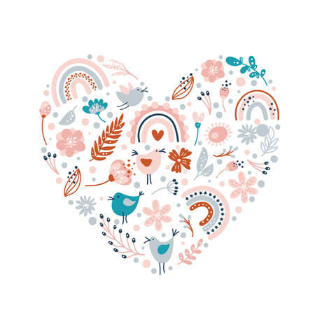 Vector Floral summer valentine heart. Spring bouquet composition with hand drawn flowers, rainbows and plants. Scandinavian romantic love illustration in sketch style. Valentine Day cardのイラスト素材