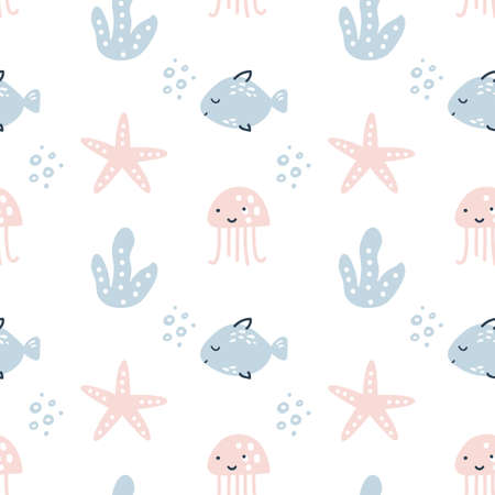 Scandinavian Seamless vector pattern with fishes, sea stars and dots. Summer Vector trendy design perfect for prints, flyers, banners, fabric, invitationsのイラスト素材