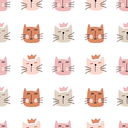 Cat vector Seamless pattern with hand drawn painted cat faces. Scandinavian print illustration for children. Design template for wallpaper, baby textileのイラスト素材