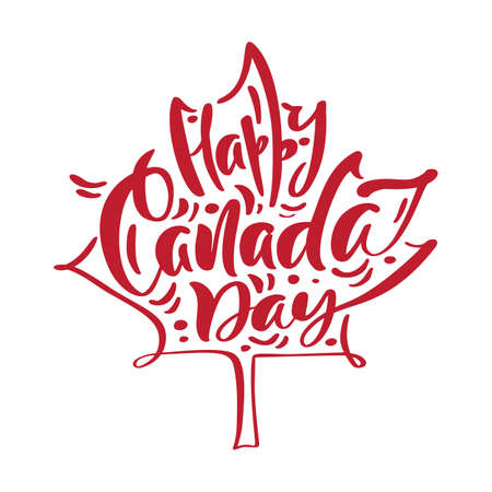 Happy Canada Day 1th of July card or background with Maple leaf. Vector Canadian greeting card. Festive poster or banner with hand lettering. Flat design illustrationのイラスト素材
