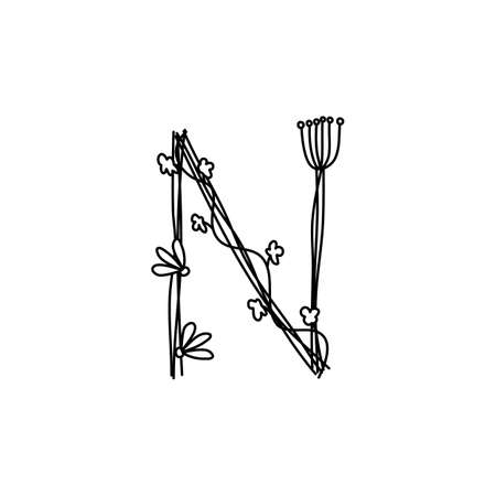 Vintage floral bold Letter N logo spring. Classic Summer Letter Design Vectors with Black Color and Floral Hand Drawn with monoline line flowersのイラスト素材