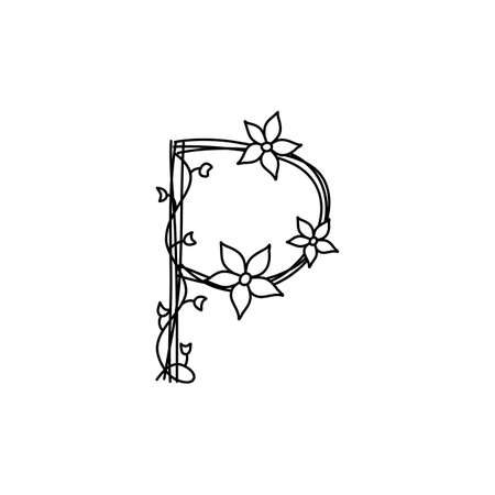 Vintage floral bold Letter P logo spring. Classic Summer Letter Design Vectors with Black Color Hand Drawn with monoline line flowersのイラスト素材