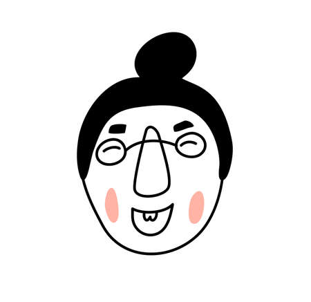 Portrait joyful of a old cheerful woman in glasses in Scandinavian style. Illustration of an avatar of grandma. Hand drawn face people isolated on white backgroundのイラスト素材