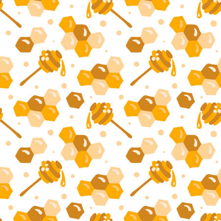 Vector scandinavian kid seamless honey pattern. Outline honeycomb, honey dipper symbol, hexagon in flat vector style. Baby simple yellow backgroundのイラスト素材