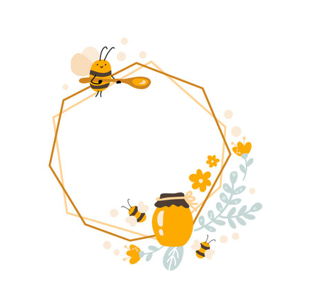 Cute kids Hexagon frame with bee and spoon, jar of honey with bouquet of flowers wreath . Baby scandinavian style vector polygon illustration with place for textのイラスト素材