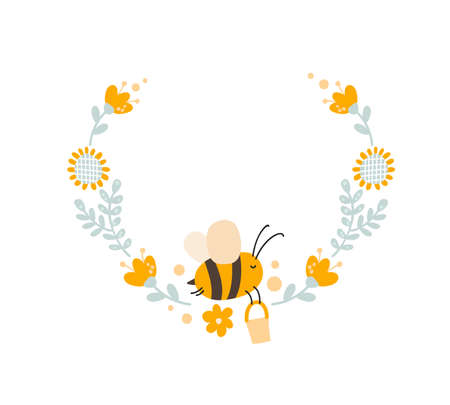 character of cute kids bee honey with flower wreath on the in flat vector scandinavian style. Baby illustation frame of bee for content, greeting card, graphic, etcのイラスト素材