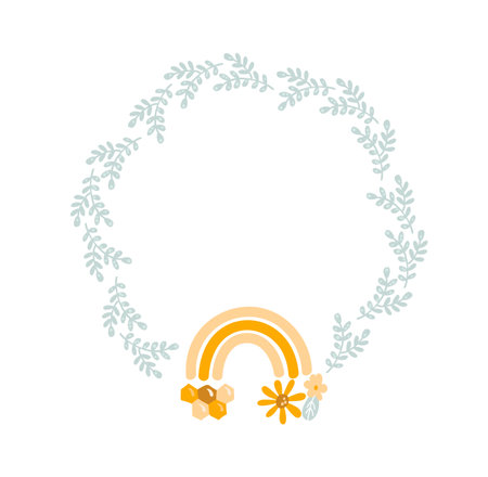Cute kids bee honey with rainbow, leaves wreath on the in flat vector scandinavian style. Baby illustation frame of bee for content, greeting card, graphicのイラスト素材