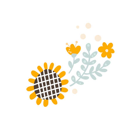 Baby Vector Floral summer divider banner, Pastel kids color sunflower and wildflowers. Scandinavian style hand drawn divider shape. Isolated illustration on white backgroundのイラスト素材