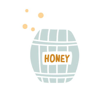 Cartoon honey barrel icon of beekeeping and apiculture food. Vector scandinavian bee honey in wooden keg or cask with honeycomb, natural dessert and snack designのイラスト素材