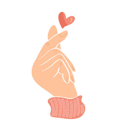 Sketch doodle of hand showing heart with fingers gesture mini love. Color Hand drawn vector illustration autumn. Love Valentine Day conceptのイラスト素材