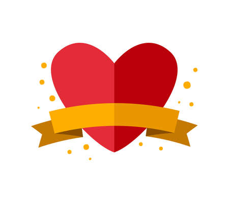 Color vector sticker with cute red heart and ribbon with place for text. Hand drawn love badge character for notebook, scrapbook or planner. flat graphic isolated valentine illustrationのイラスト素材