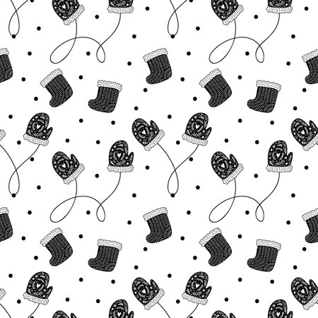 Vector Christmas Scandinavian seamless pattern with socks and mittens. Winter Abstract hand drawn lines texture drawing. Black paint brush strokes on white background. wrapping paper, wallpaper fillのイラスト素材