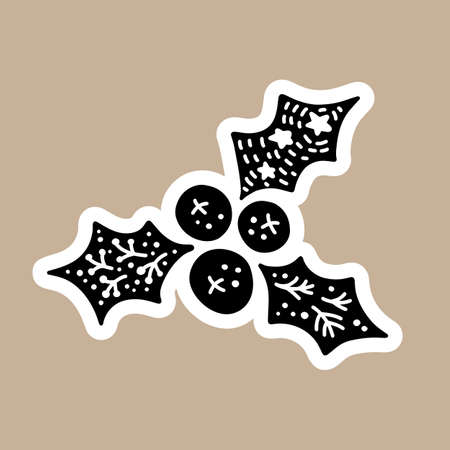 Christmas Black vector sticker with cute mistletoe jolly. Hand drawn scandinavian badge character for notebook, scrapbook or planner. flat graphic isolated illustrationのイラスト素材