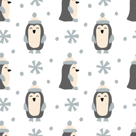 Christmas Penguin and snowflakes vector seamless scandinavian pattern. Cute kids winter background. For children fabric textile, cloth, backdrop, wallpaper. Printable formatのイラスト素材