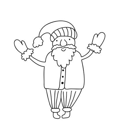 Funny cartoon vector monoline Santa Claus. Hand drawn illustration for Christmas and New Year posters, gift tags and labelsのイラスト素材
