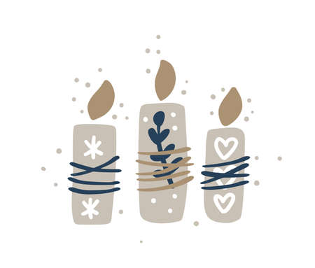 Christmas Vector hand drawn scandinavian set of three winter candles. Cartoon pastel colored doodle candles with snow on white backgroundのイラスト素材