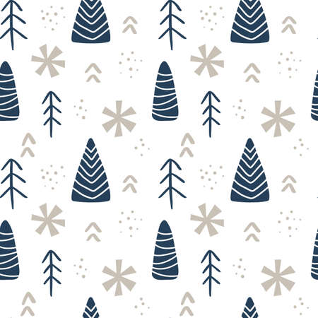 Seamless pattern of hand drawn Christmas tree. Baby Winter forest background. Vector illustration. Cute kids winter Scandinavian background. For children fabric textile cloth, backdrop wallpaperのイラスト素材
