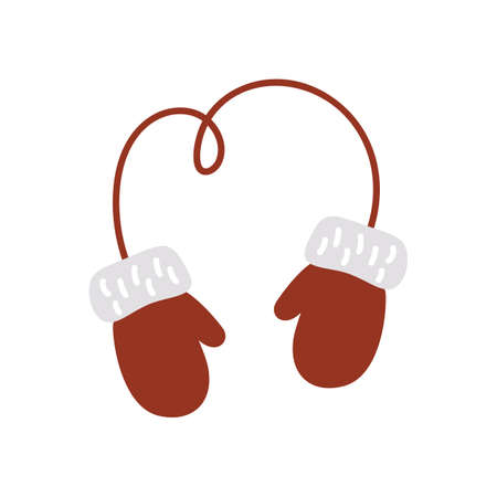 Vector illustration pair of knitted christmas red knitted santa mittens on white background. Winter greeting cardのイラスト素材