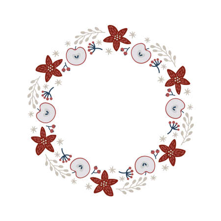Christmas doodle hand drawn vector wreath floral Poinsettia branch and apples frame for text decoration. Cute Scandinavian style illustrationのイラスト素材
