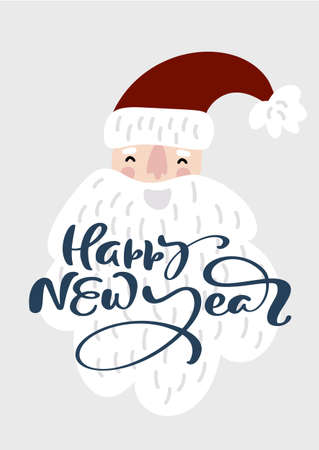 Happy New Year vector calligraphic lettering text scandinavian hand drawn illustration Santa Claus. Greeting card for winter holiday Merry Christmas and Happy New Yearのイラスト素材