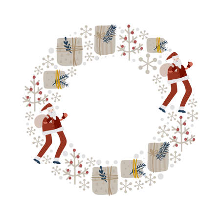 Christmas doodle hand drawn vector wreath floral branch, santa claus, gift box and snowflakes frame for text decoration. Cute Scandinavian style illustrationのイラスト素材