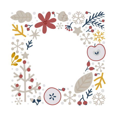 Christmas doodle hand drawn vector floral square frame with branches and snowflakes for text decoration. Cute holiday Scandinavian style illustrationのイラスト素材