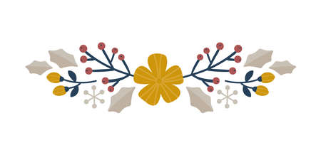 Christmas Hand Drawn branch and flower Vector Border divider. Design Elements Decoration Wreath and Holidays symbol with Flower and berries scandinavian branchesのイラスト素材