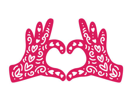 Hands in the form of heart and flourish elements. Symbol showing of feelings to other person. Declaration of love on Valentine Day. Vector flat icon illustration isolatedのイラスト素材