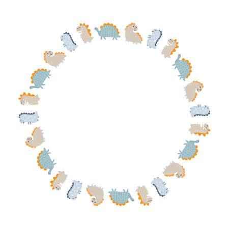 Circle Vector frame wreath with dinosaurs and hand lettering dino with place for your baby text on white background. Greeting card, poster design scandinavian elementのイラスト素材