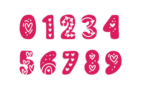 Decorative red numbers. Love Valentine day alphabet with a heart numbers zero one two three four five six seven eight nine. Vector Illustrationのイラスト素材